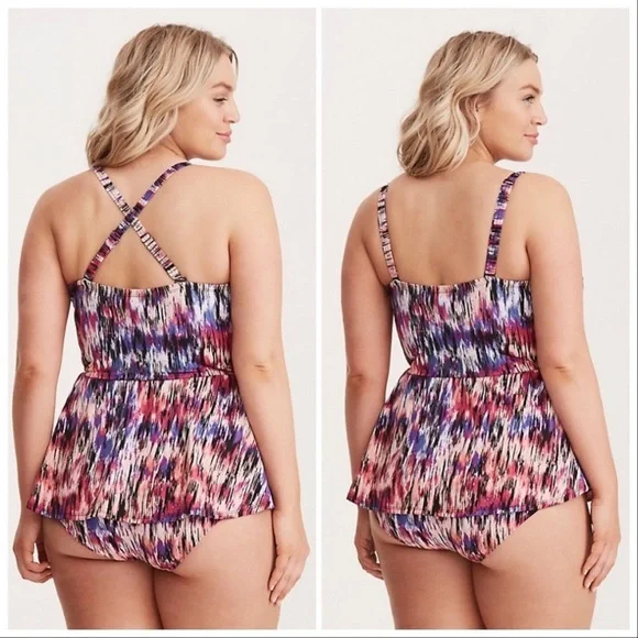 TORRID Mirage print skirted peplum one piece bathing suit, 1X. - Picture 3 of 8